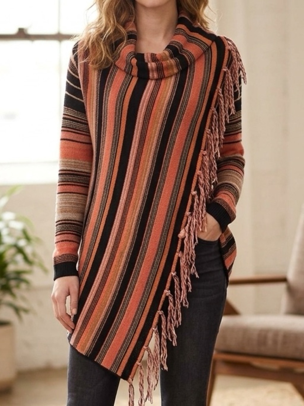 Bohemian Asymmetrical Striped Draped Wrap Cardigan Size Small